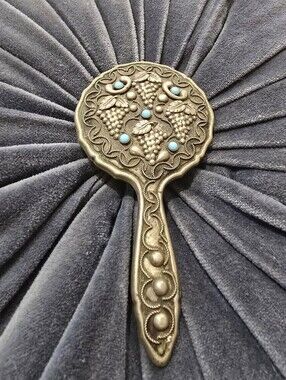 Antique Miniature Silver & Turquoise Purse Hand Mirror – Early 20th Century